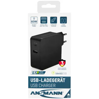 Ansmann USB Ladegerät Home Charger 254PD | 60W | USB-A & USB-C PD | Schnellladen | 100–240V | Steckdose