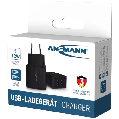 Ansmann USB Ladegerät Home Charger HC212 | 2x USB-A | 12W 2,4A | Multisafe Technik | 100-240V | schwarz
