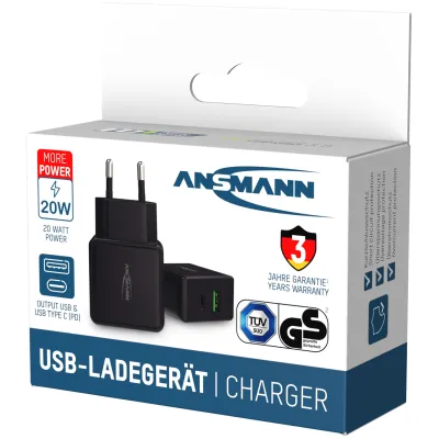 Ansmann USB Ladegerät Home Charger HC218PD | 18W USB-C Power Delivery & Quick Charge | 1x USB-A 1x USB-C | Schwarz