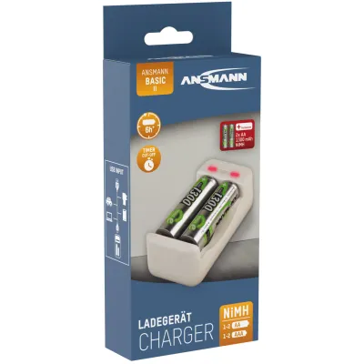 Ansmann Akku-Ladegerät Basic II 1001-0119-01 | inkl. 2× AA 1300mAh NiMH Akkus | Micro-USB | LED-Anzeige | Verpolschutz