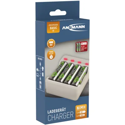 Ansmann Akku-Ladegerät Basic IV 1001-0120-01 | inkl. 4× AA 1300mAh NiMH Akkus | LED-Anzeige | USB-Micro | Verpolschutz