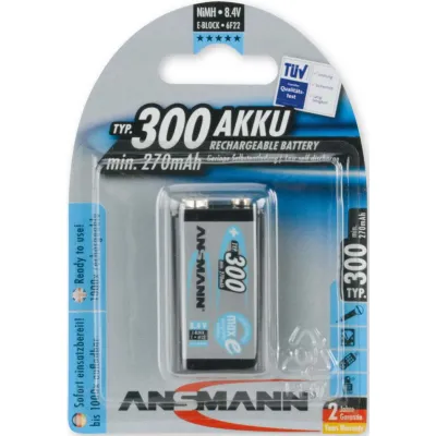 Ansmann 9V Block Akku NiMH 300mAh | geringe Selbstentladung | bis 1000x wiederaufladbar | vorgeladen | Schwarz