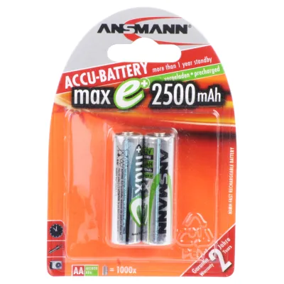 Ansmann Akku AA Mignon 5035432 | NiMH 2500mAh | vorgeladen | geringe Selbstentladung | 1,2V | 2er Pack | silber