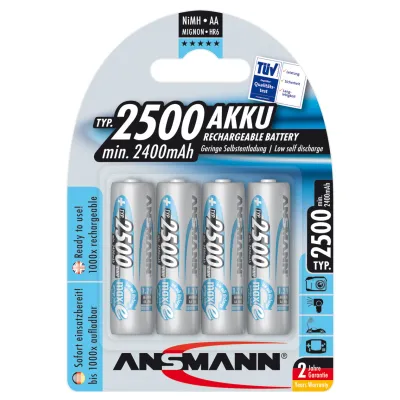 Ansmann Akku Mignon AA maxE 5035442 | 2500mAh NiMH 1,2V | vorgeladen | geringe Selbstentladung | 4er Pack | silber