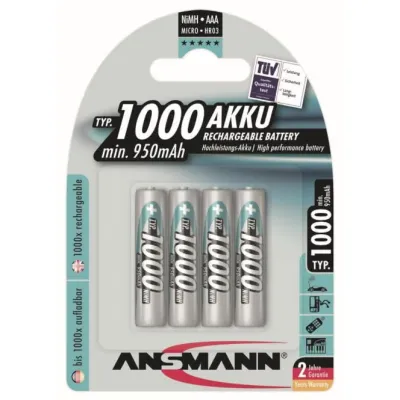 Ansmann Akku Micro AAA 5030882 | 1000mAh NiMH wiederaufladbar | 1,2V | 4er Blister | hohe Kapazität | Silber