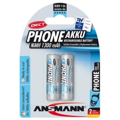 Ansmann Akku Mignon AA 1300mAh 5030802 | NiMH | DECT Telefon Akku | geringe Selbstentladung | 2er Pack | silber