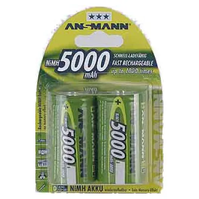 ANSMANN Akku Mono D 1,2V 5000mAh NiMH | geringe Selbstentladung | 2 Stück | silber/schwarz