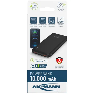 Ansmann Powerbank PB320PD 1700-0148 | 10.000 mAh | 20W USB-C PD & Quick Charge 3.0 | 2x USB-A | Schwarz