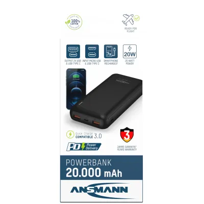 Ansmann Powerbank PB320PD 20.000 mAh | 20W Schnellladefunktion | USB-C Power Delivery | 2x USB-A | LED-Anzeige | schwarz