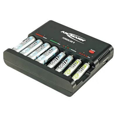 Ansmann Universal-Ladegerät Powerline 8 1001-0006 | Schnellladegerät für 1-8 AA/AAA Akkus & USB | Entladefunktion