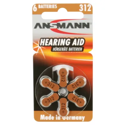 Ansmann Hörgerätebatterien 312 PR41 | Zink-Luft | 1,4V | 6er Blister | Extra lange Laufzeit | Braun