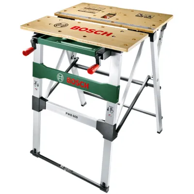 Bosch Arbeitstisch PWB 600 0603B05200 | mobile Werkbank | klappbar | Bambusplatte | 200kg Tragkraft | 4 Spannbacken