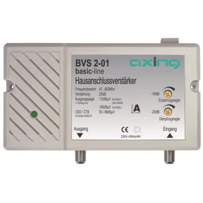 Axing Hausanschlussverstärker BVS 2-01 | Kabel-TV Verstärker 25 dB | 47-862 MHz | F-Anschluss | LED-Anzeige