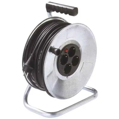 BACHMANN Kabeltrommel 396.182 | Stahlblech | 4 Steckdosen | ohne Kabel | Thermoschutzschalter | IP20 | silber