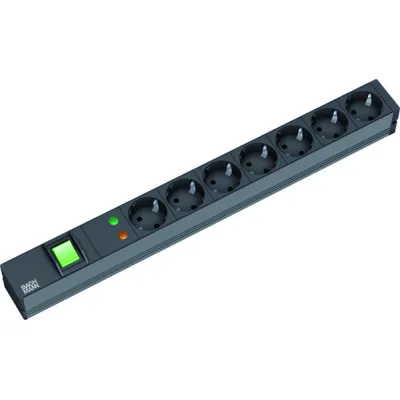 Bachmann Steckdosenleiste 19" 1HE 333.535 | 7x Schuko | Überspannungsschutz 6,5kA | Schalter | Alu | 2m Kabel | schwarz
