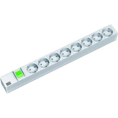 Bachmann Steckdosenleiste 19" 1HE 8-fach Schuko 333.400 | Rackeinbau | Aluminium | 2m Kabel | Schalter grün | RAL 7035