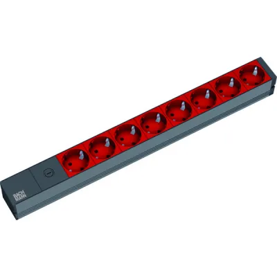 Bachmann Steckdosenleiste 19 Zoll 1HE | 333.538 | 8-fach Schuko | Feinsicherung 10A | IEC C14 | 2m Kabel | Rot Schwarz