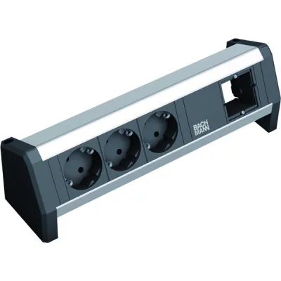Bachmann Steckdosenleiste 902.000 | 3x Schuko | DESK ALU | GST18 Ein-/Ausgang | Aluminium/Schwarz | 35° gedreht | IP20