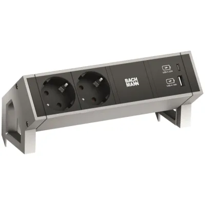 BACHMANN Steckdosenleiste DESK2 902.901 | 2xSchuko | USB-A & USB-C 22W | Aluminium | 0,2m | 35° Winkel | IP20 | Inox