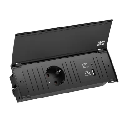 BACHMANN Steckdosenleiste Einbau 927.711 | 1x Schuko | 2x USB A/C Ladegerät 22W | Aluminium | 204x70mm | schwarz