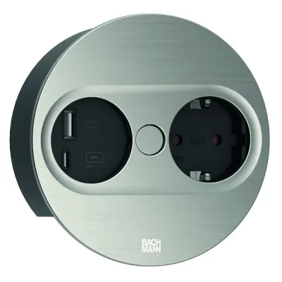 BACHMANN Einbausteckdose TWIST 2 946.004 | Rund | 1x Schutzkontakt | USB-A/C 22W Charger | 2m Kabel | Edelstahl-Optik