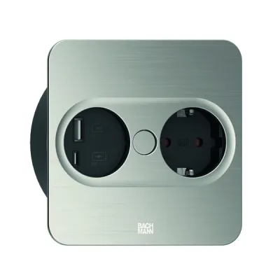 BACHMANN Einbausteckdose TWIST 2 | 1x Schuko | 1x USB-A/C 22W | Edelstahl-Optik | quadratisch | 2m | IP20 | schwarz