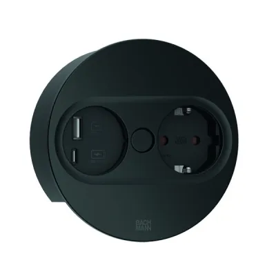 BACHMANN Einbausteckdose 946.104 | TWIST 2 rund | 1x SCHUKO | 1x USB A/C 22W Charger | 2m Kabel | schwarz matt