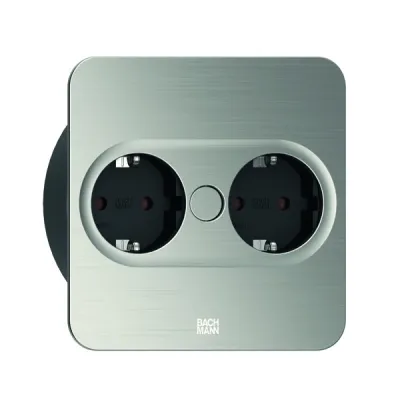 BACHMANN Einbausteckdose TWIST 2 946.001 | 2-fach | Edelstahl-Optik | quadratisch | 2x SCHUKO | 2m Kabel | schwarz