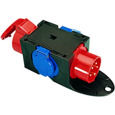 Bachmann CEE-Adapter 349.029 | 16A 400V Stecker & Dose | 3x Schutzkontakt-Steckdosen | IP44 | Kunststoff | Schwarz