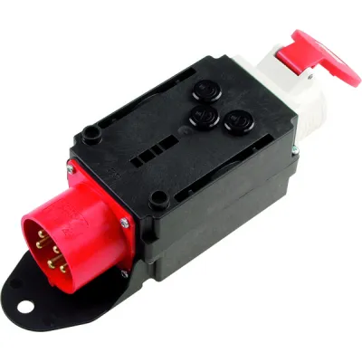 Bachmann CEE-Adapter 349.183 | 32A auf 16A 5-polig | 400V AC | mit Feinsicherungen | IP44 | Kunststoff | schwarz