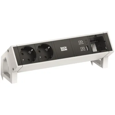 BACHMANN Steckdosenleiste DESK2 902.935 | 2xSchuko | 2xUSB A/C 22W | Aluminium | 0,2m Zuleitung | Tischmontage | Weiß