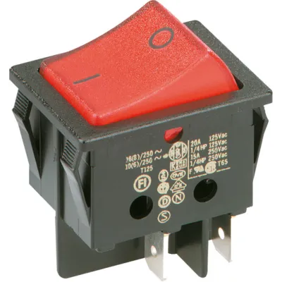 Bachmann Wippenschalter 924.099 | 2-polig Ausschalter Serie 3652 | beleuchtet | 16A 250V | Flachsteck | schwarz/rot