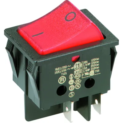 Bachmann Wippenschalter 924.099 | 2-polig Ausschalter Serie 3652 | beleuchtet | 16A 250V | Flachsteck | schwarz/rot
