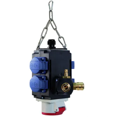 Bachmann Energiewürfel 349.303 | Powerverteiler 4x Schuko IP44 | 1x CEE 16A 400V | 3x Luftanschluss | schwarz