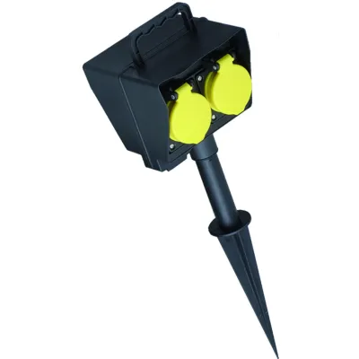 Bachmann Gartensteckdose 394.180 | 2x Schuko 16A 230V | mit Erdspieß | IP44 | 2m Zuleitung | mit Deckel | schwarz/gelb