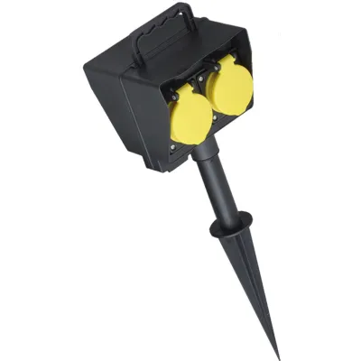 Bachmann Gartensteckdose 394.182 | 4-fach Schuko | Erdspieß | 2m Kabel | IP44 | mit Deckel | schwarz/grau | 230V 16A