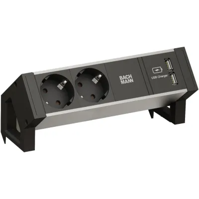 BACHMANN Steckdosenleiste | Homeoffice Bundle | 2x SCHUKO | 1x USB Doppelcharger 3,1A | 3m Kabel | grau/silber