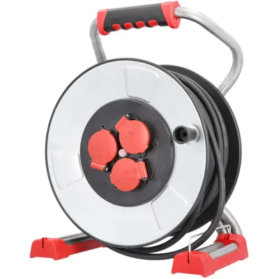 BACHMANN Profi-Kabeltrommel 399.195 IronCoat | 40m H07RN-F 3G1,5mm² | 3x Schuko IP44 | Stahlblech | Außen