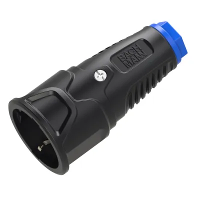 Bachmann Schutzkontaktkupplung BM0017343 | Gummi CEE 7/3 Typ F | IP20 | 16A 250V | gerade | Zugentlastung | schwarz