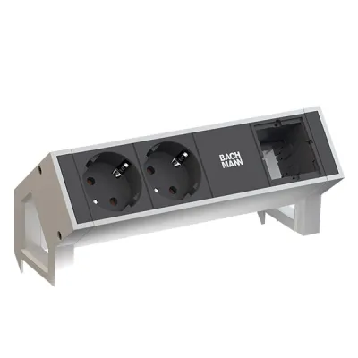 Bachmann DESK2 Steckdoseneinheit | 2x Schuko 35° gedreht | 1x ABD Modul | Alu | IP20 | 0,2m | Weiß