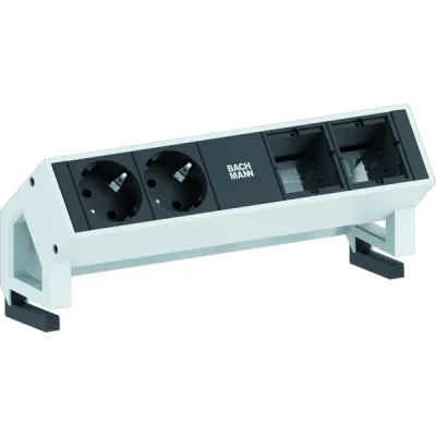 Bachmann Steckdosenleiste DESK2 902.211 | 2x Schuko | 2x Custom Modul | 0,2m Anschluss | Aluminium Weiß | 35° drehbar