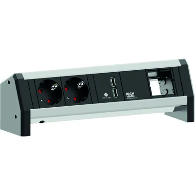Bachmann Steckdoseneinheit DESK 902.0182 | 2x Schuko mit Kinderschutz | USB Doppelcharger | Aluminium/Schwarz