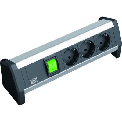 Bachmann Steckdosenleiste 3-fach Schuko | beleuchteter Schalter | 3m Kabel | Aluminium schwarz/silber