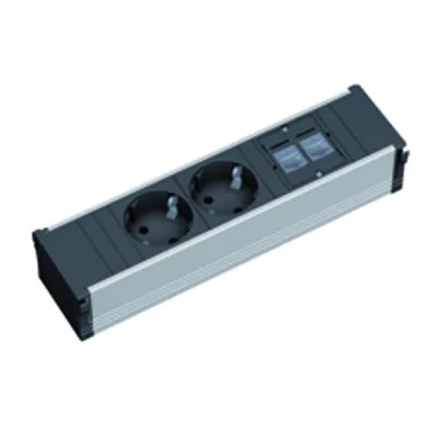 Bachmann Steckdosenleiste 333.1008 | Einbau-Steckdoseneinheit | 2x Schuko | 2x RJ45 CAT5e | Aluminium | Schwarz/Silber