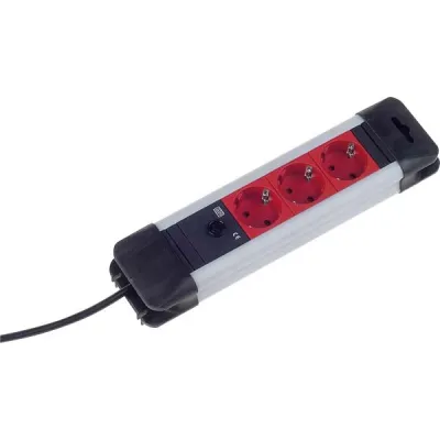 Bachmann 3-fach Steckdosenleiste | Schuko 3x rot | C14 Kaltgerätestecker | 2m Kabel | silber/schwarz