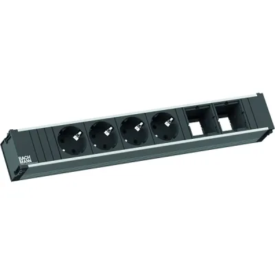 Bachmann Steckdosenleiste 912.007 | CONI 6-fach | 4x Schuko | 2x Modulabdeckung | Aluminium | 356mm | schwarz/silber