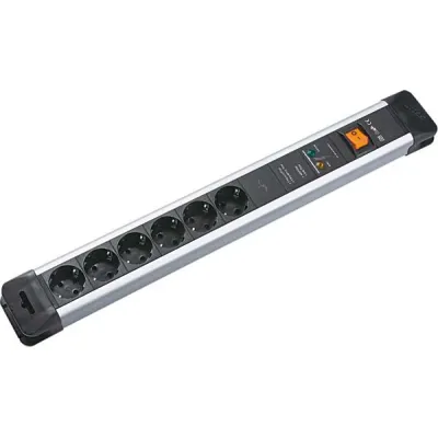 BACHMANN Steckdosenleiste 6-fach | Überspannungsschutz | Schalter | Kinderschutz | 2m Kabel | silber/schwarz