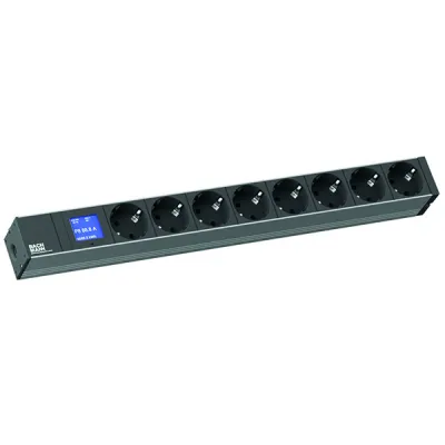 Bachmann 19 Zoll Steckdosenleiste | 1HE | 8x Schuko | PDU Rack | Energiemessung | 16A | 2m | Alu Silber-Schwarz
