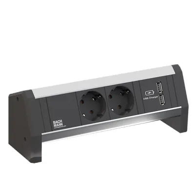 Bachmann Steckdosenleiste DESK 902.0192 | 2x Schuko | 1x USB Charger | Aluminium | erhöhter Berührungsschutz | schwarz