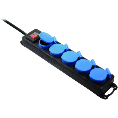 Bachmann 5-fach Steckdosenleiste | IP44 | Schuko | Klappdeckel | beleuchteter Schalter | 4,5m Kabel | Schwarz-Blau